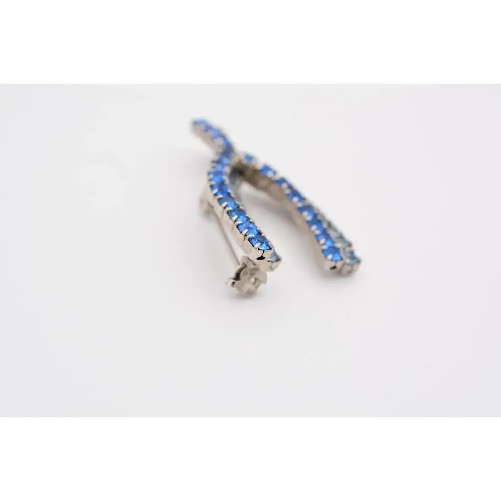 Vintage Wishbone Pin Brooch Blue Rhinestone Crystal Silver Tone Prong 80s BinAT